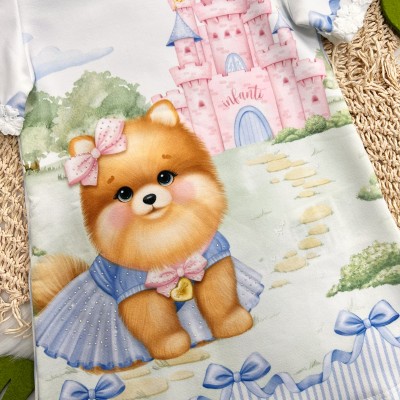Vestido Doguinha com Castelo - Off White e Azul Bebê